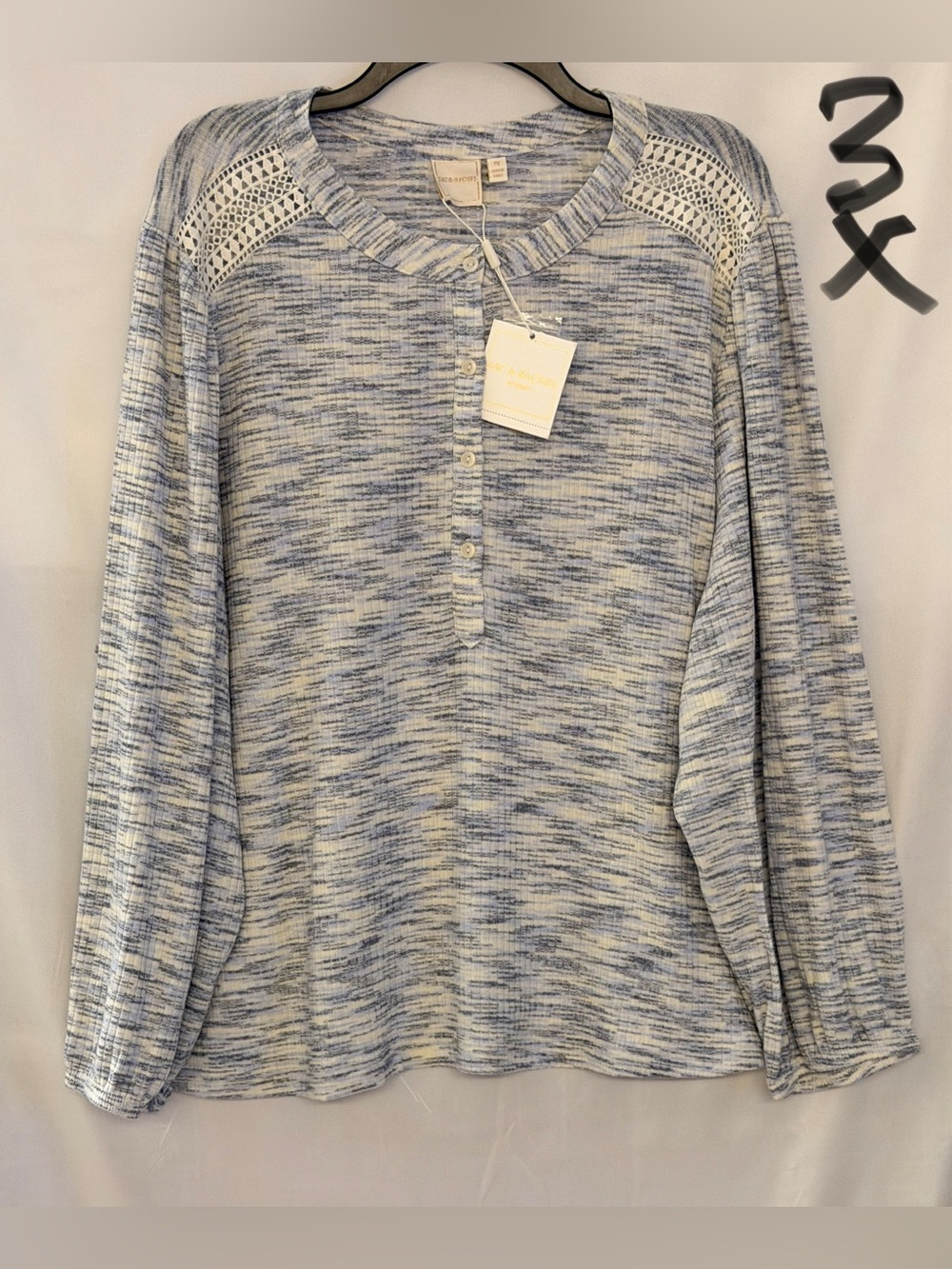 Zac & Rachel Blue and White Space-Dyed Henley with Crochet Shoulders